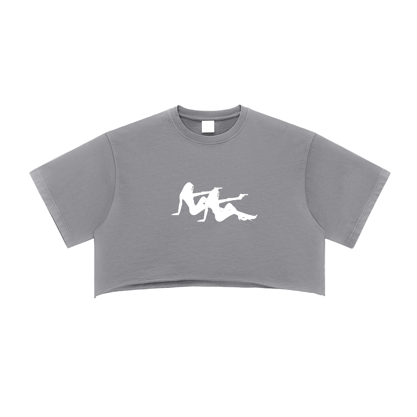 Gray crop top with white graphic design on a white background