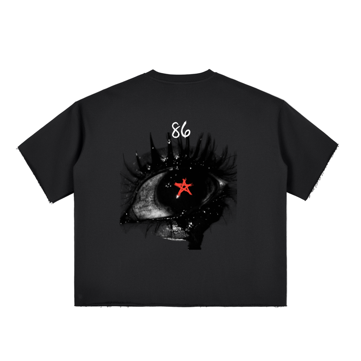 Black t-shirt with eye and star design on a white background