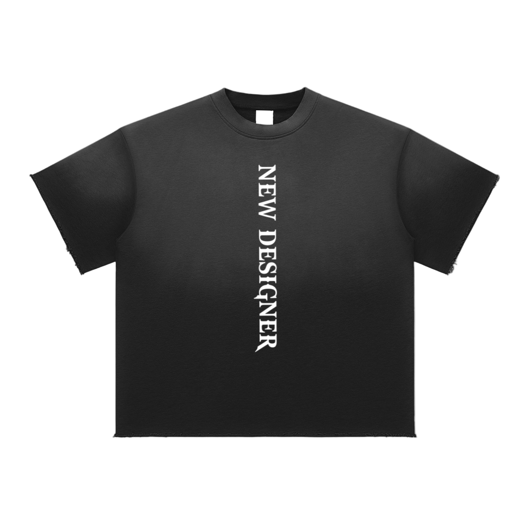Black t-shirt with 'NEW DESIGNER' text on a white background