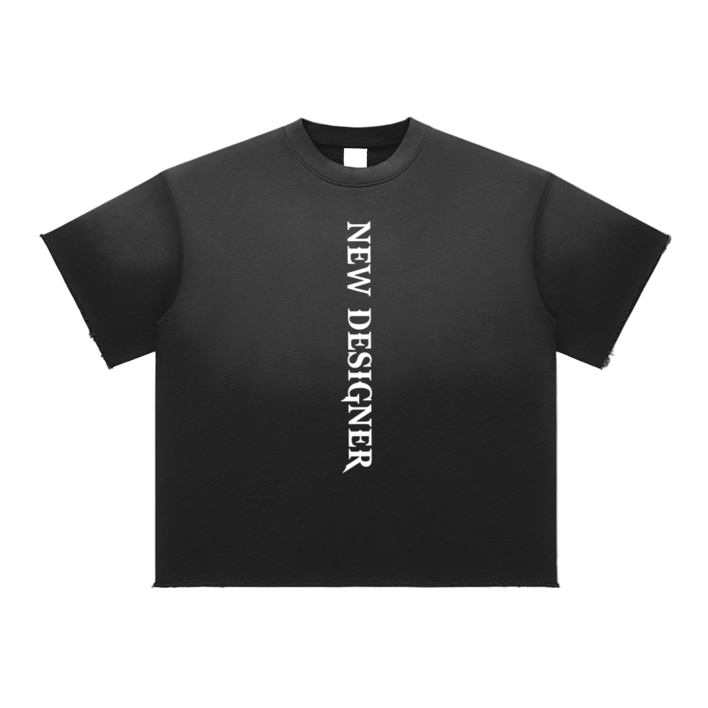 Black t-shirt with 'NEW DESIGNER' text on a white background