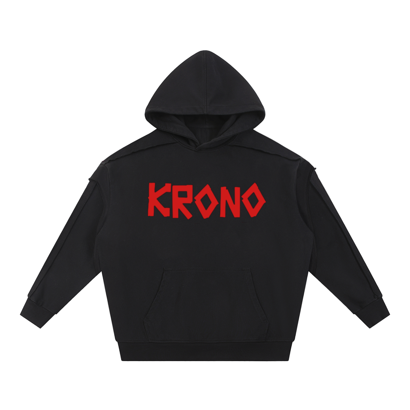 Black hoodie with red 'KRONO' text on a white background