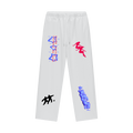 White sweatpants with colorful graphic designs on a white background
