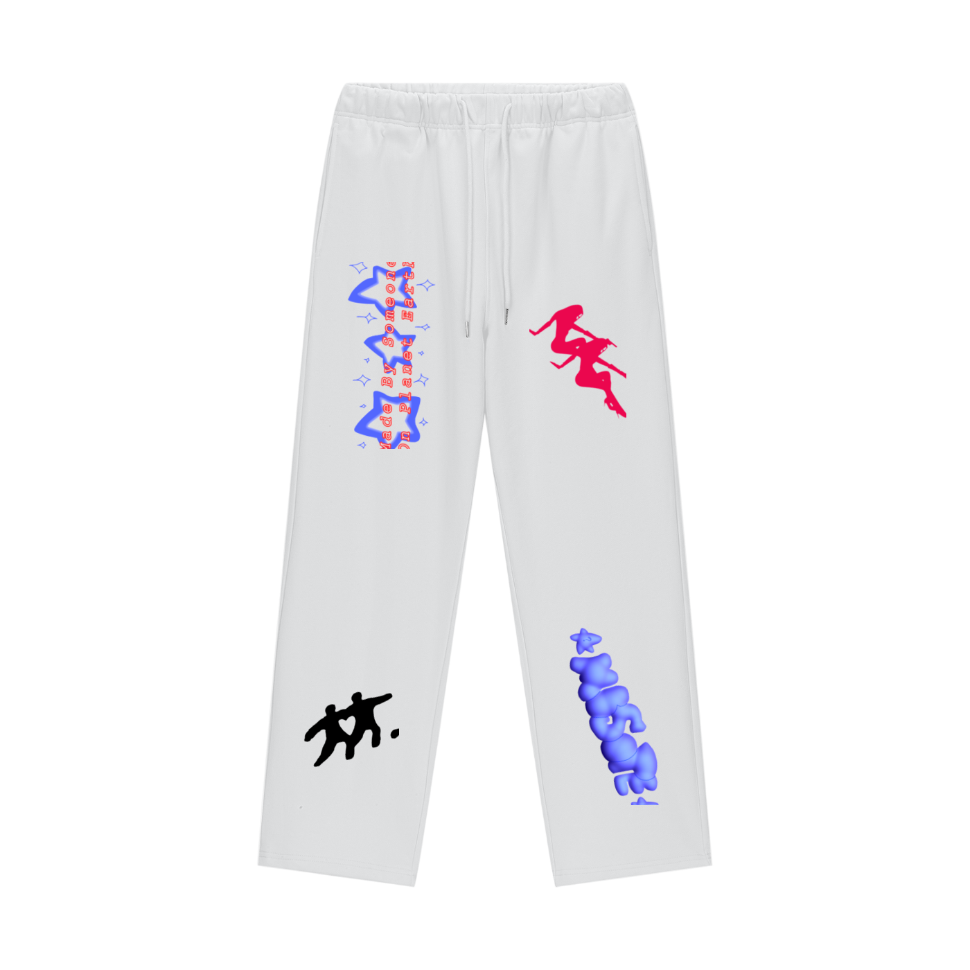 White sweatpants with colorful graphic designs on a white background