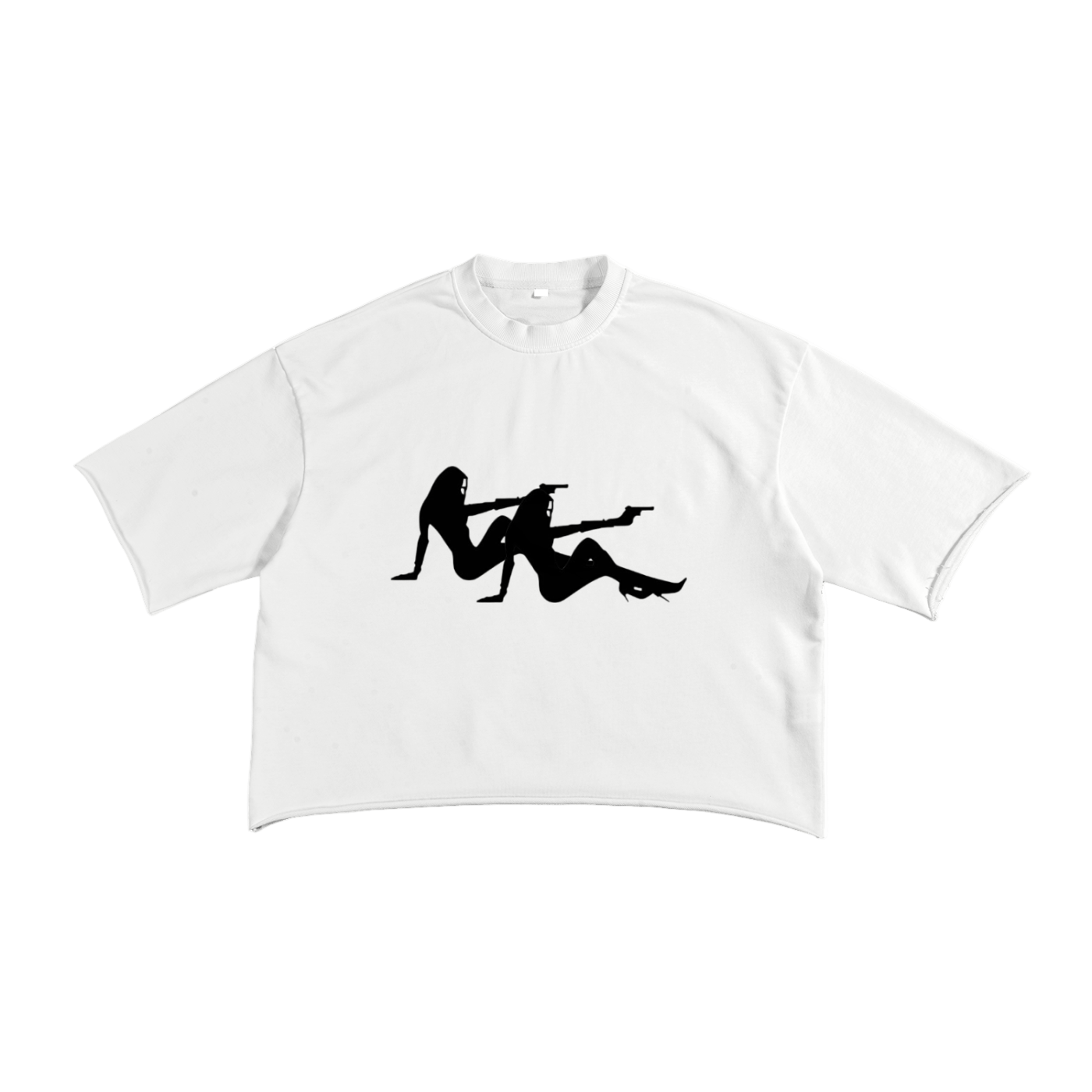 White t-shirt with black graphic of two people on a white background