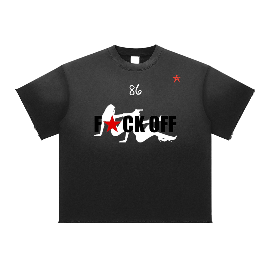 Black t-shirt with graphic design and text on a white background