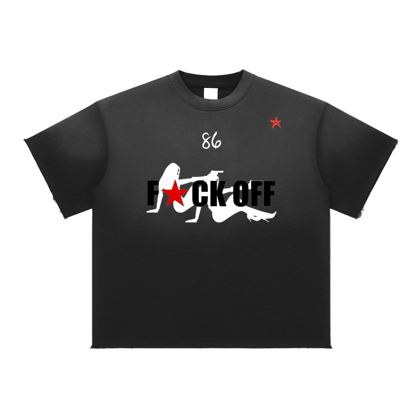 Black t-shirt with graphic design and text on a white background