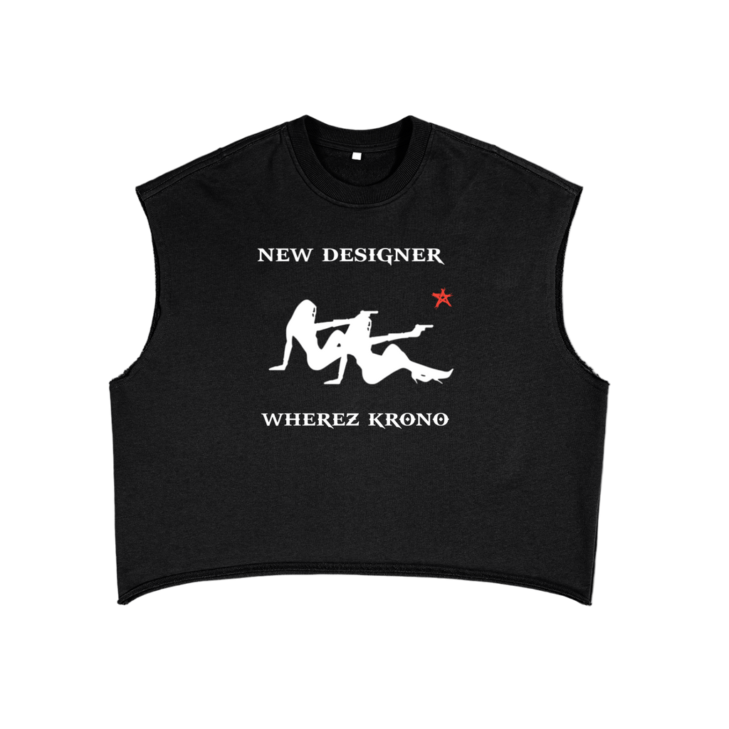 Black sleeveless shirt with graphic design and text on a white background
