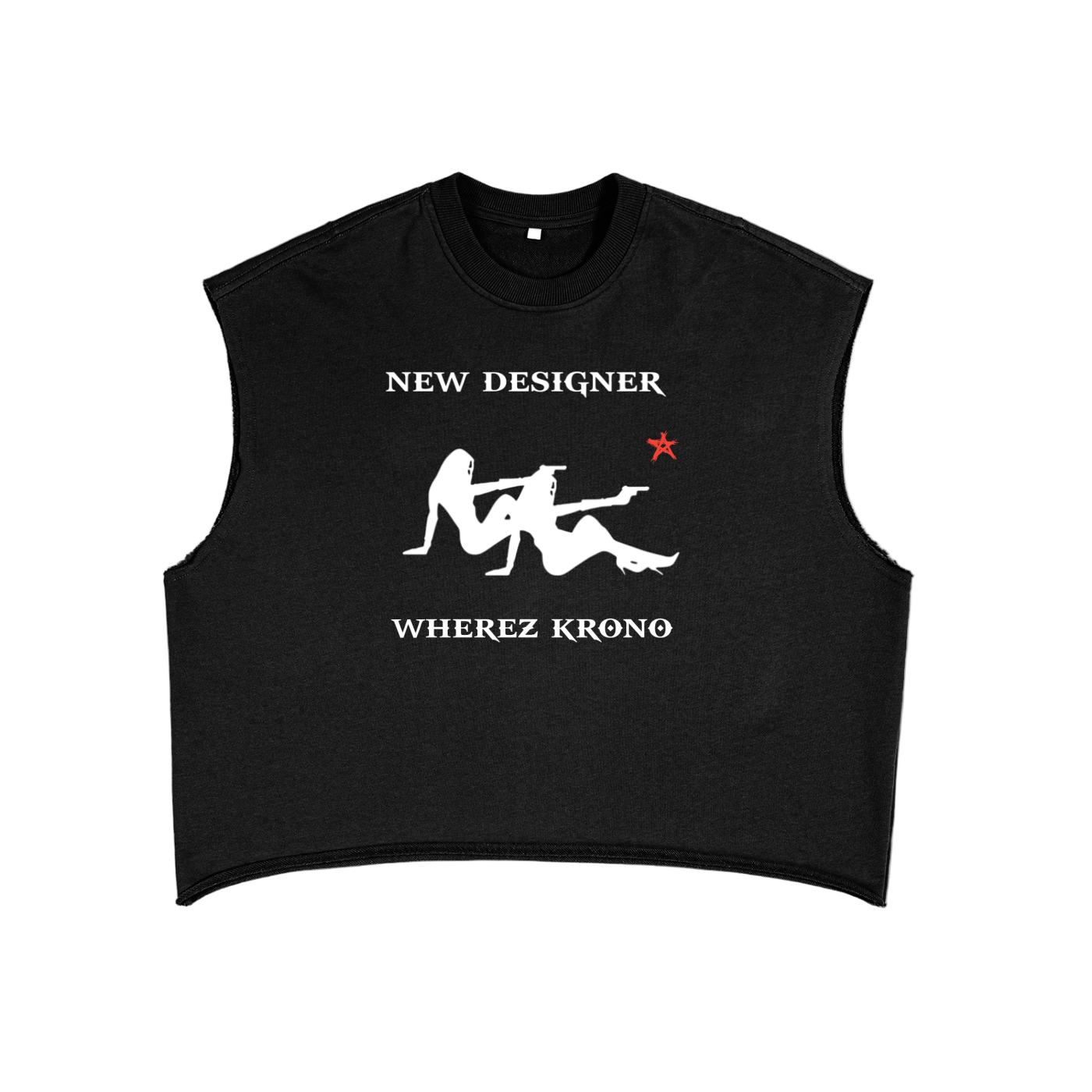 Black sleeveless shirt with graphic design and text on a white background