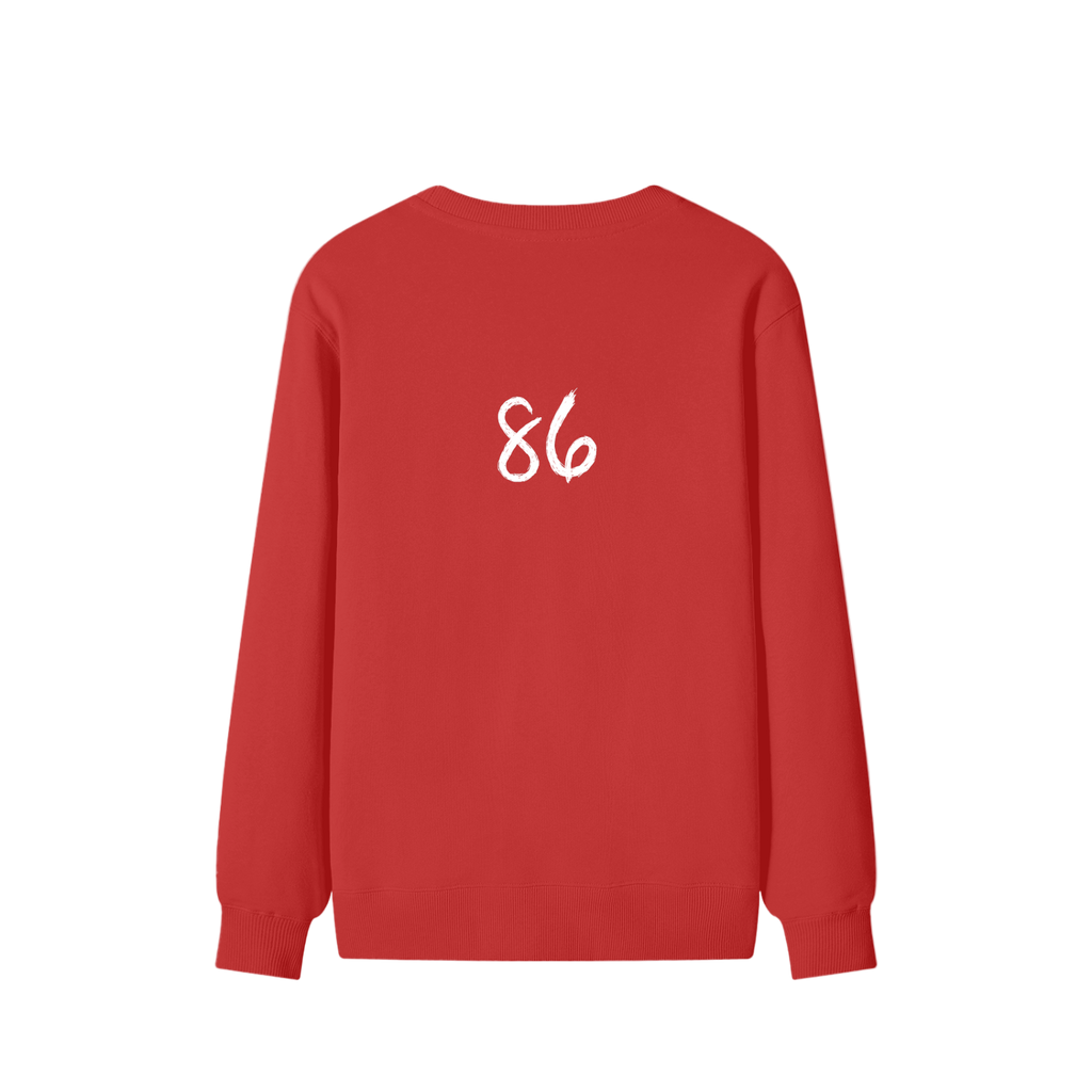 Red sweatshirt with '86' printed on the back against a white background