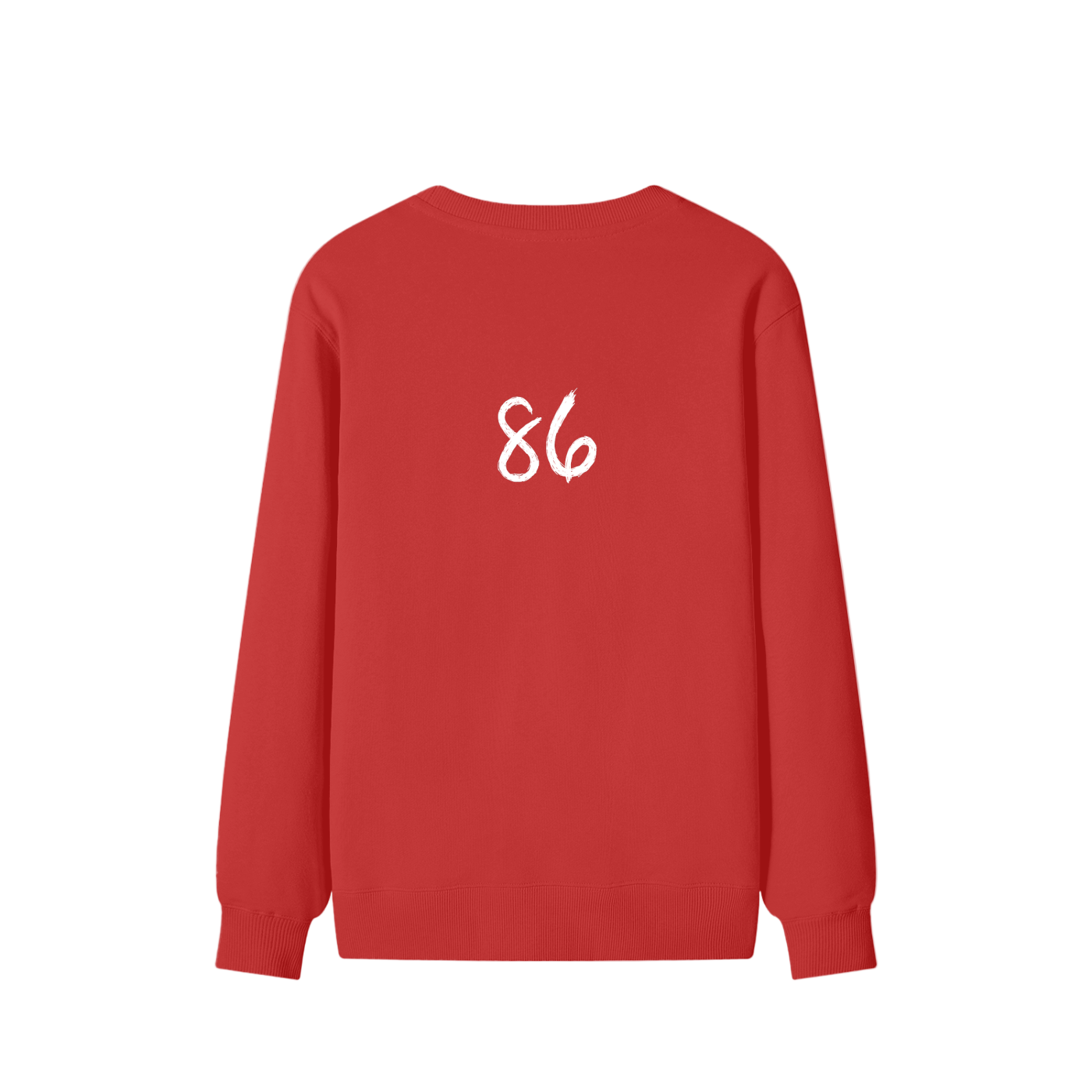 Red sweatshirt with '86' printed on the back against a white background