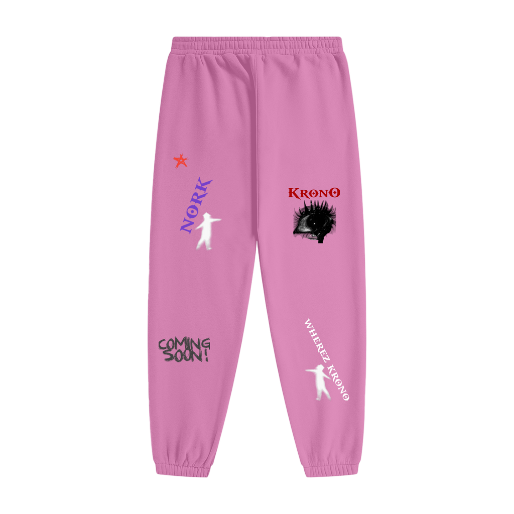 Pink sweatpants with various graphics and text on a white background