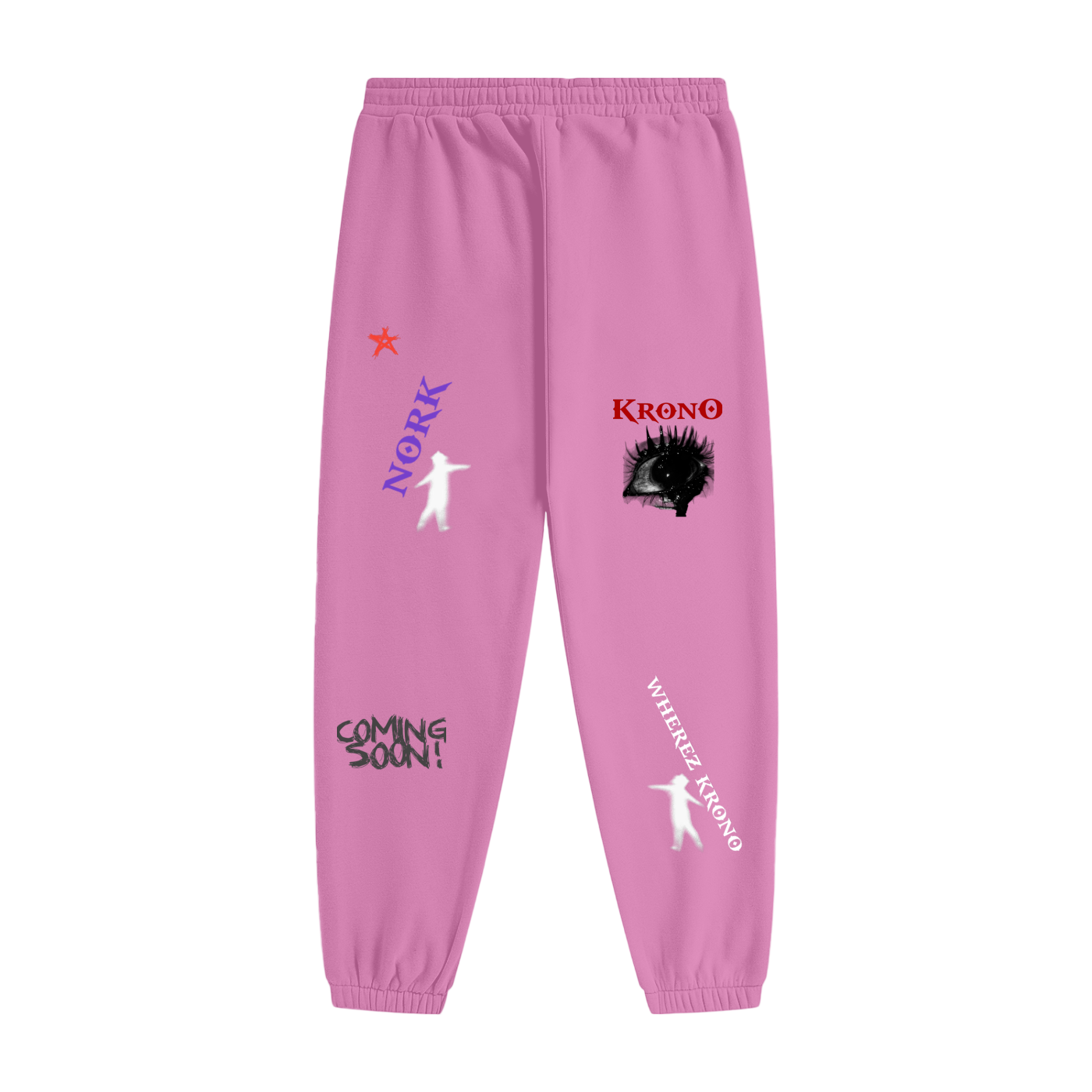 Pink sweatpants with various graphics and text on a white background