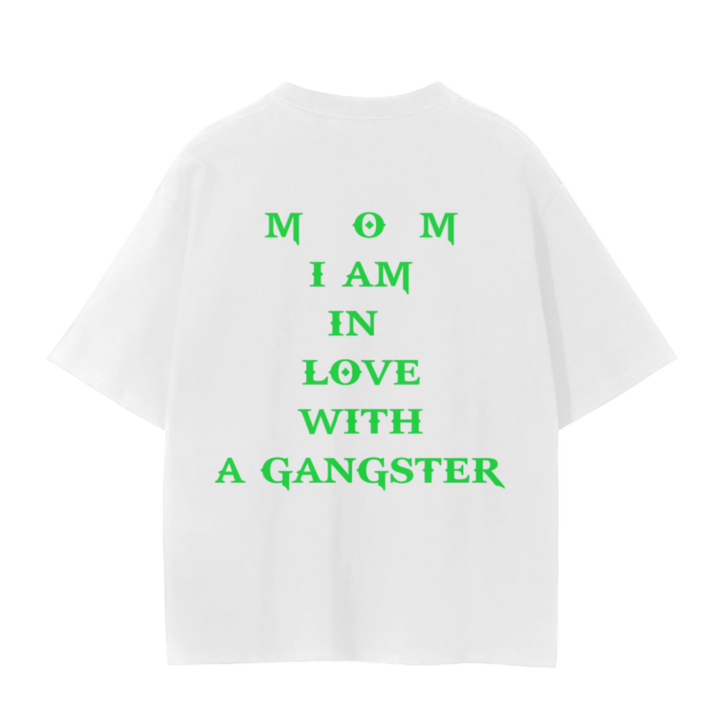 White t-shirt with green text on a white background