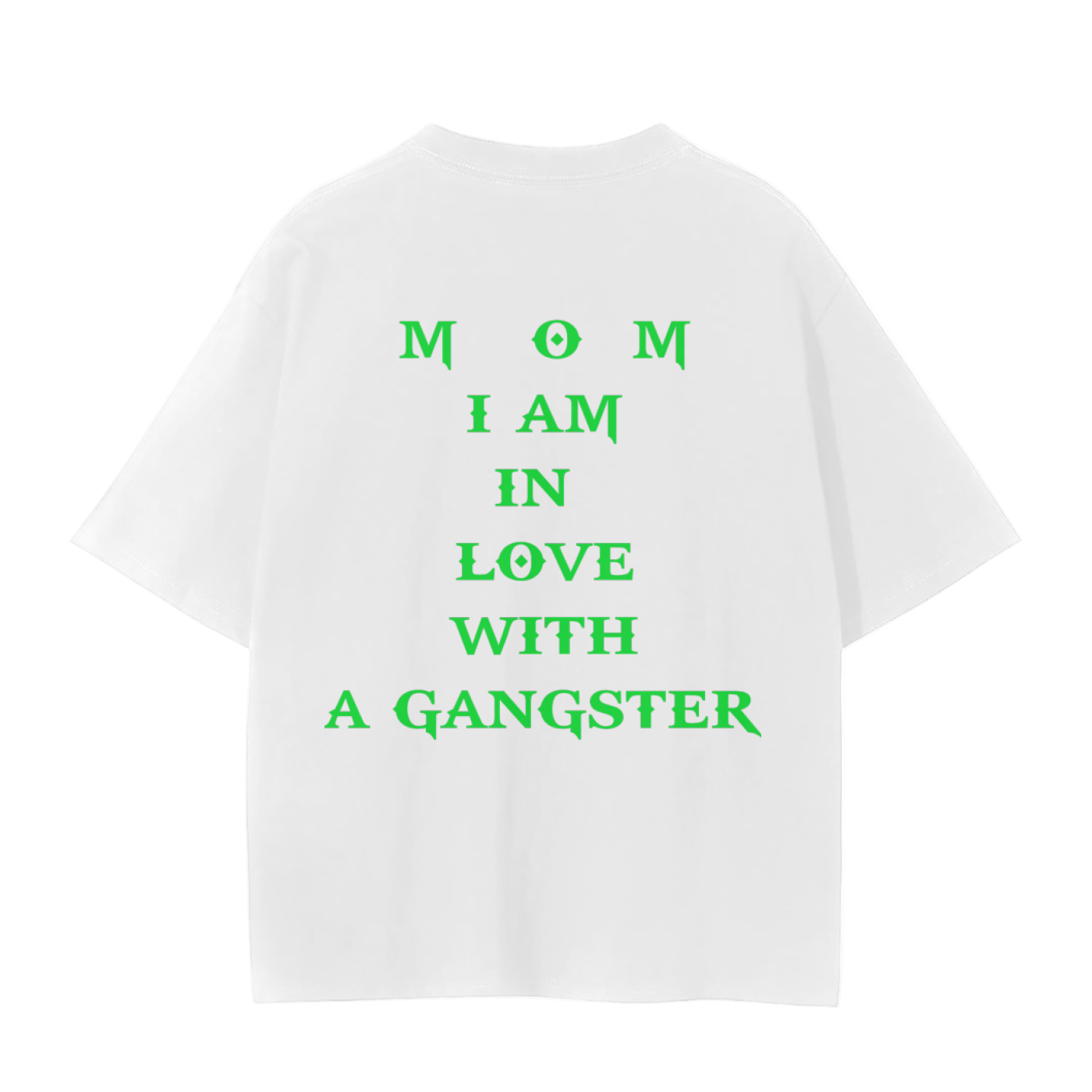 White t-shirt with green text on a white background