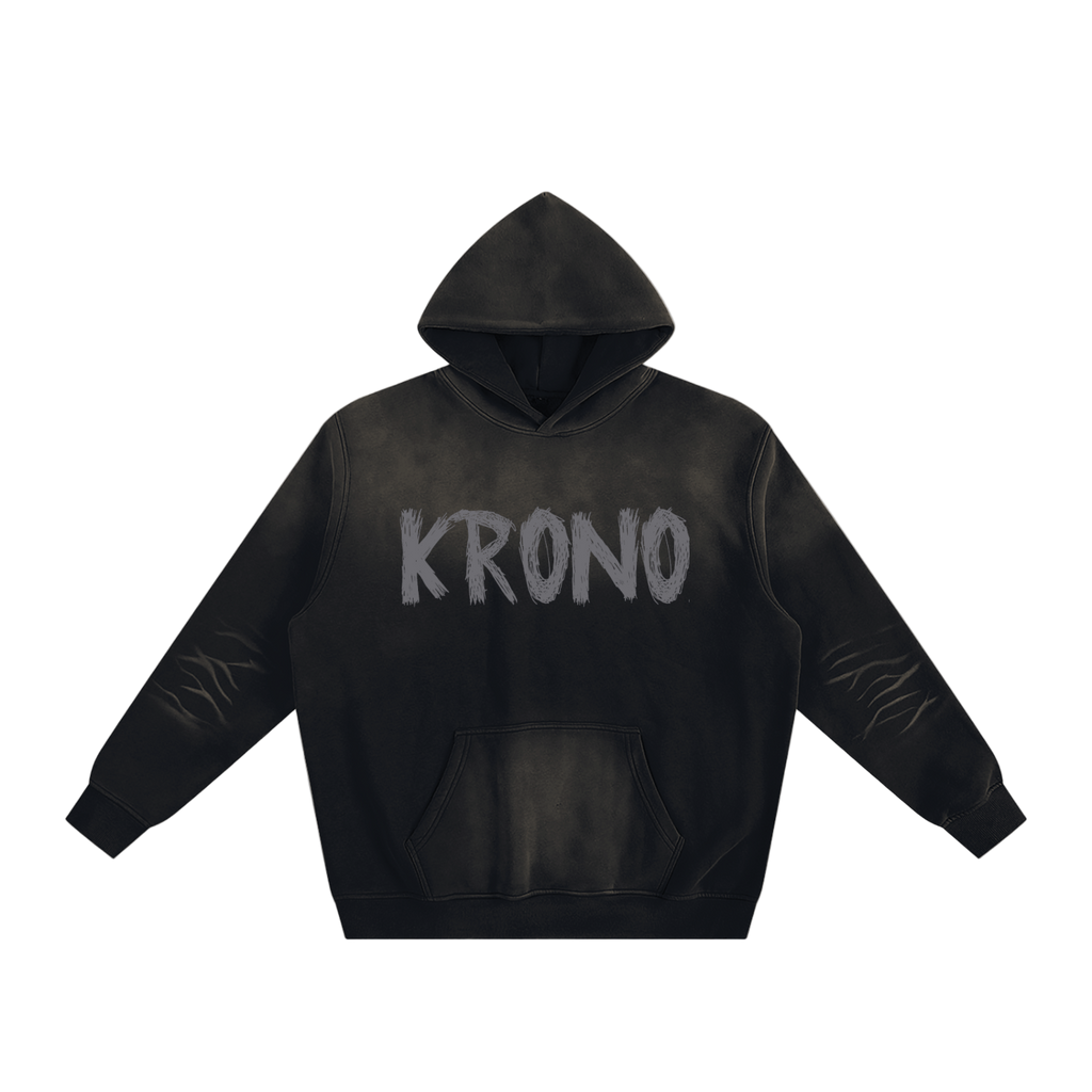 Black hoodie with 'KRONO' text on a white background