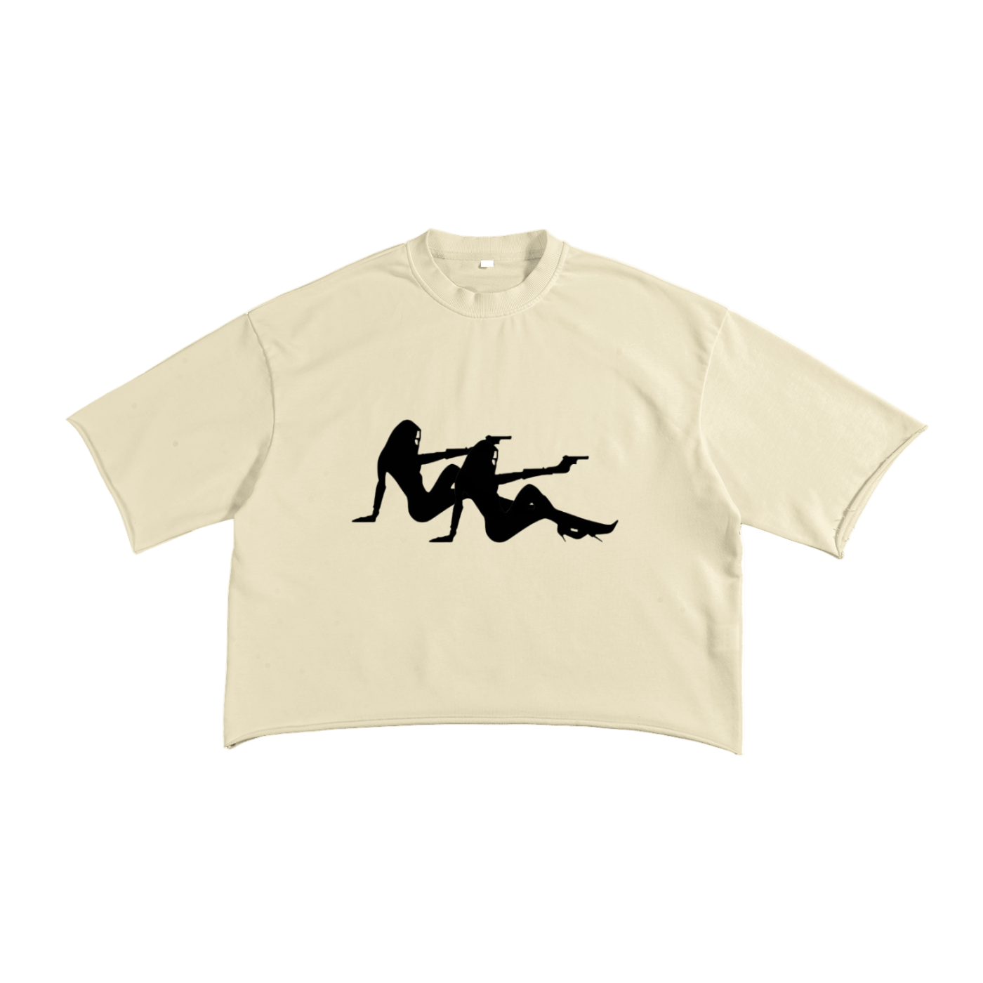 Beige t-shirt with black graphic of two people on a white background