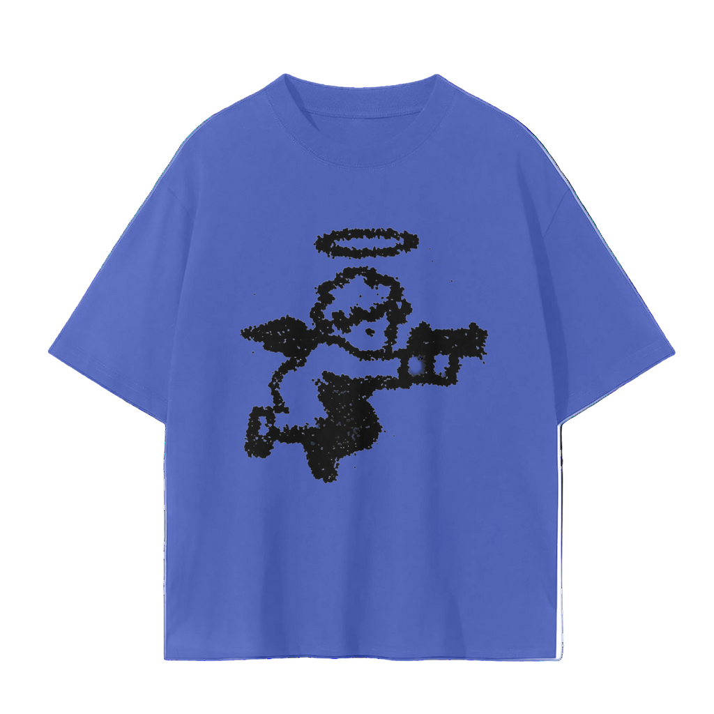 Blue t-shirt with black graphic of an angel holding a gun on a white background
