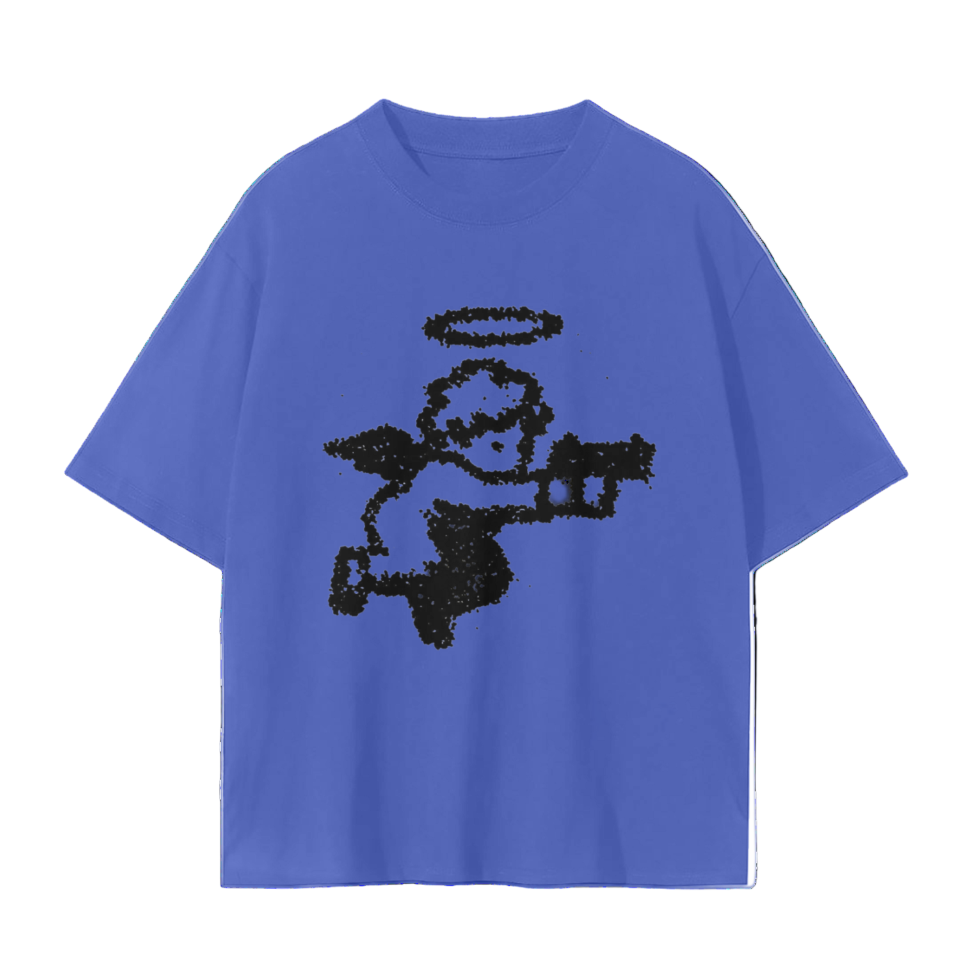 Blue t-shirt with black graphic of an angel holding a gun on a white background
