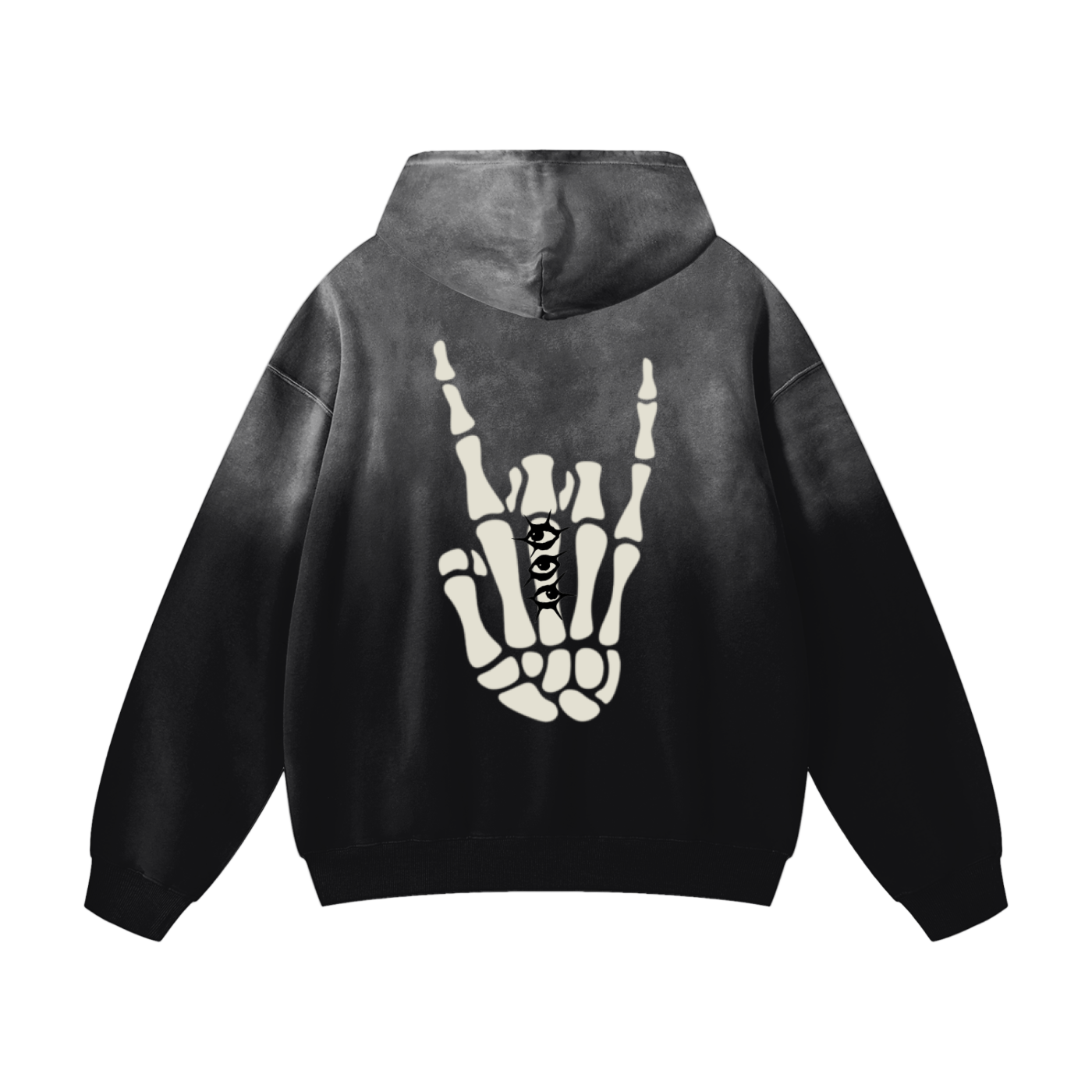 Black hoodie with skeleton hand design on the back against a white background