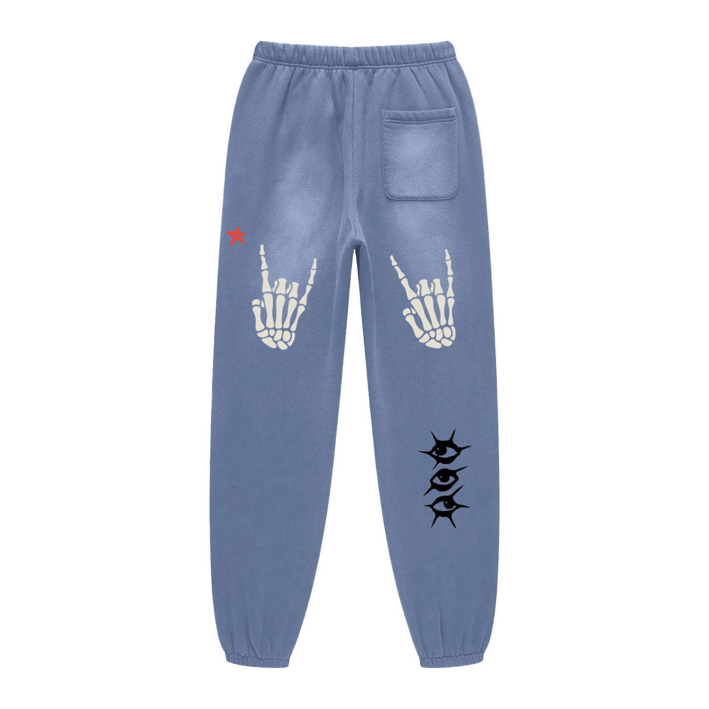 Blue sweatpants with skeleton hand and eye designs on a white background