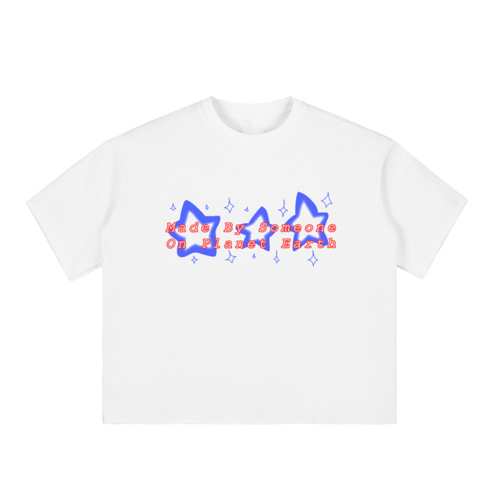 White t-shirt with colorful graphic design on a white background