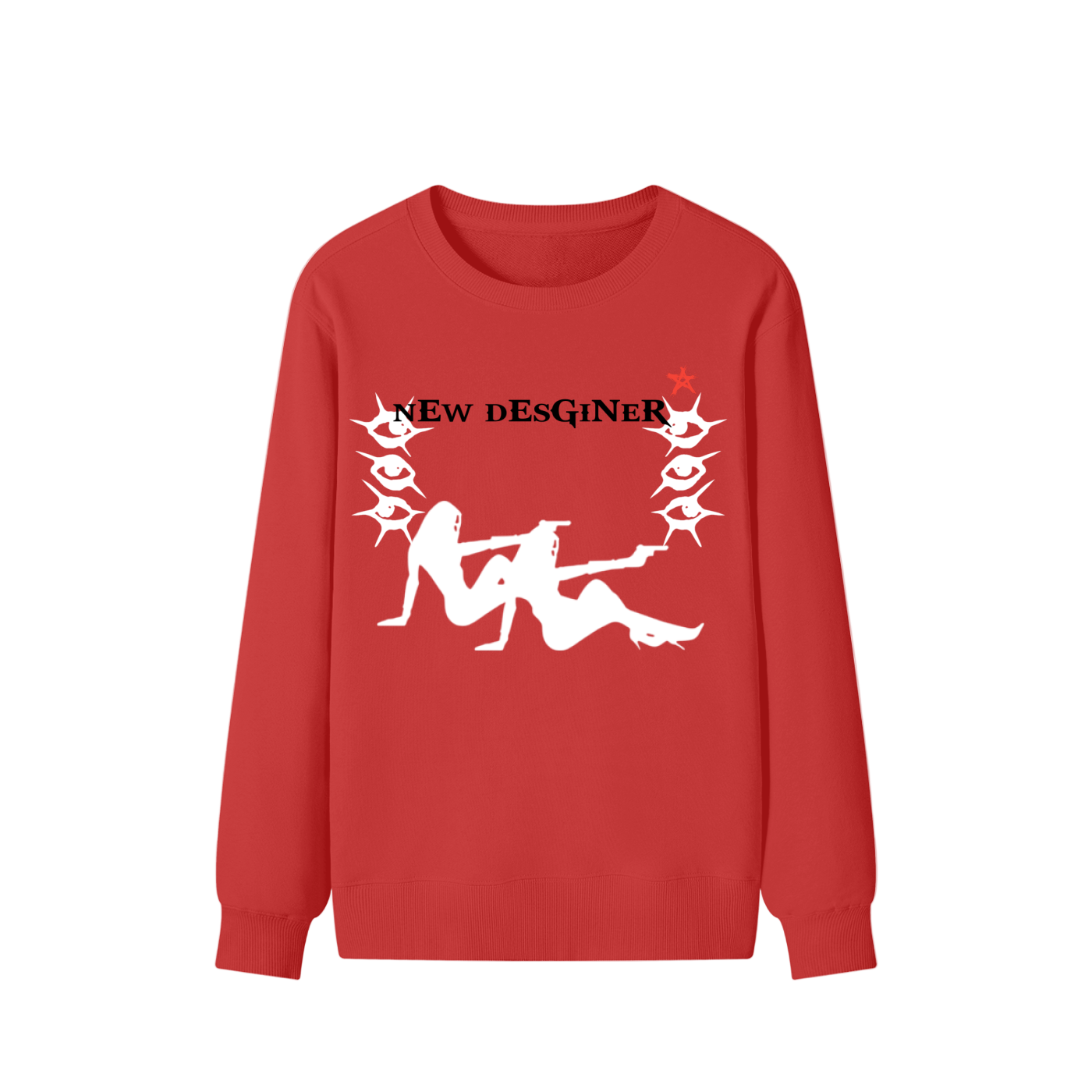 Red sweatshirt with white graphic design on a white background
