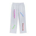 White sweatpants with 'KRONO' branding in different colors on a white background