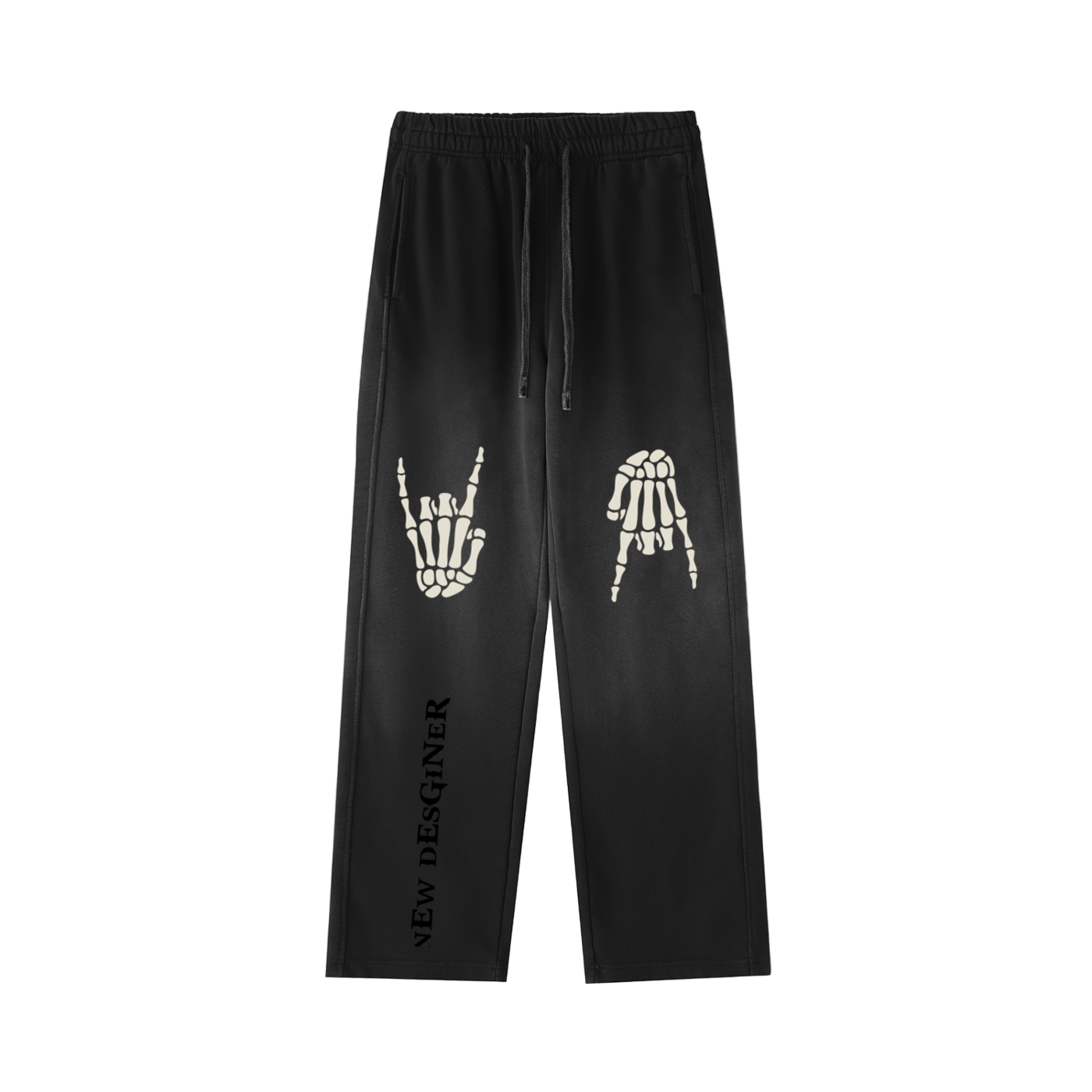 Black pants with skeleton hand prints and 'New Designer' text on a white background