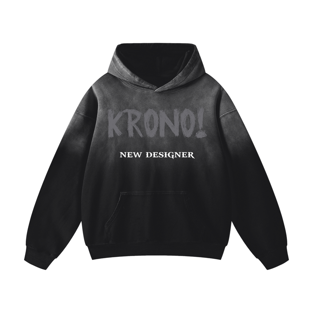 Black hoodie with 'KRONO! NEW DESIGNER' text on a white background
