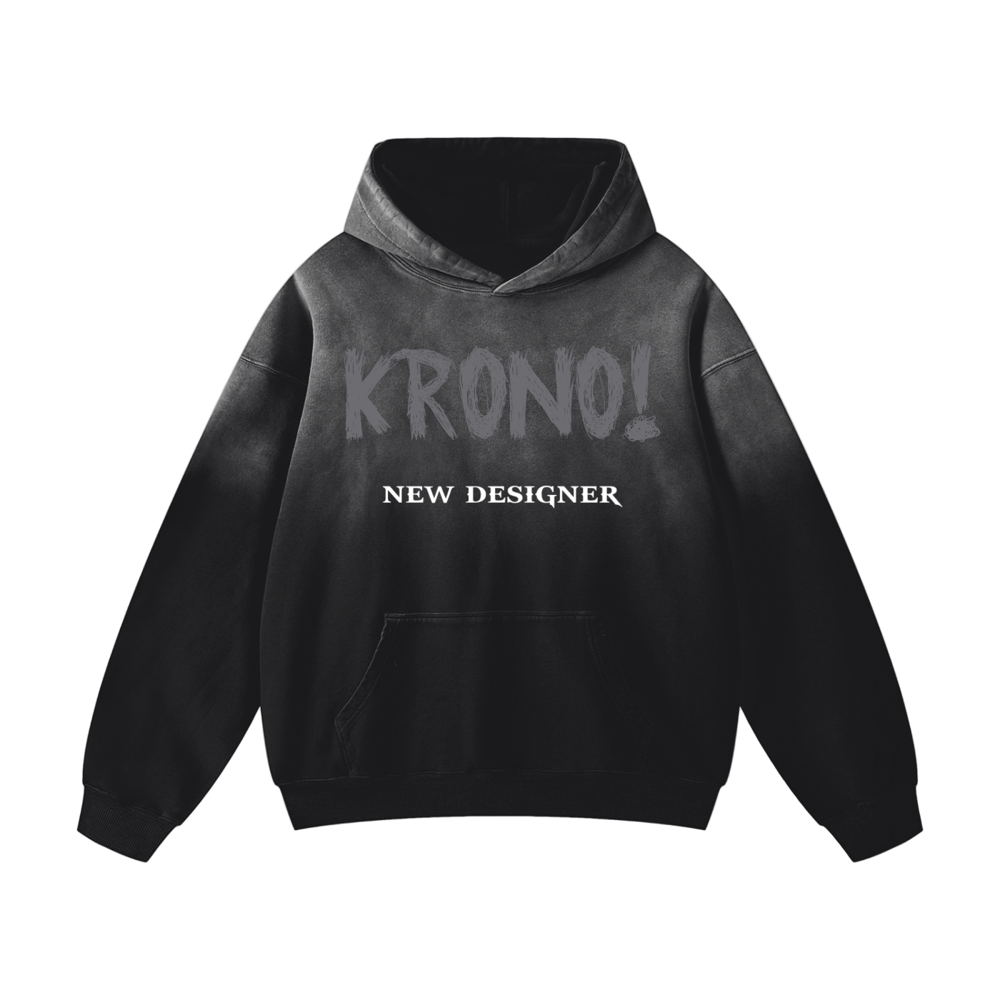 Black hoodie with 'KRONO! NEW DESIGNER' text on a white background