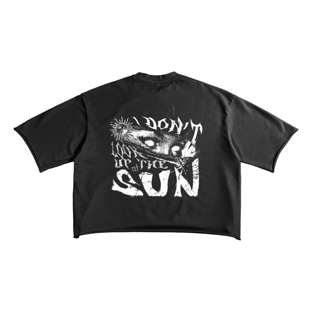 Black t-shirt with white graphic and text on a white background