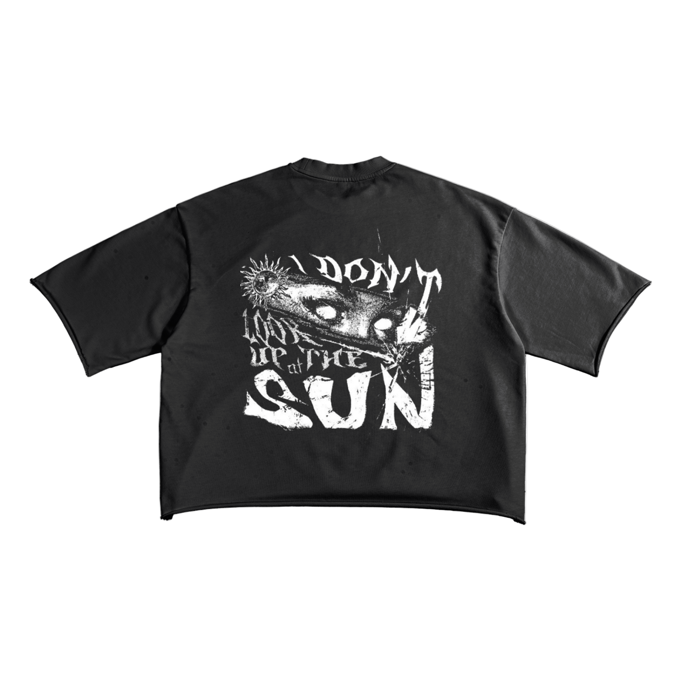 Black t-shirt with white graphic and text on a white background