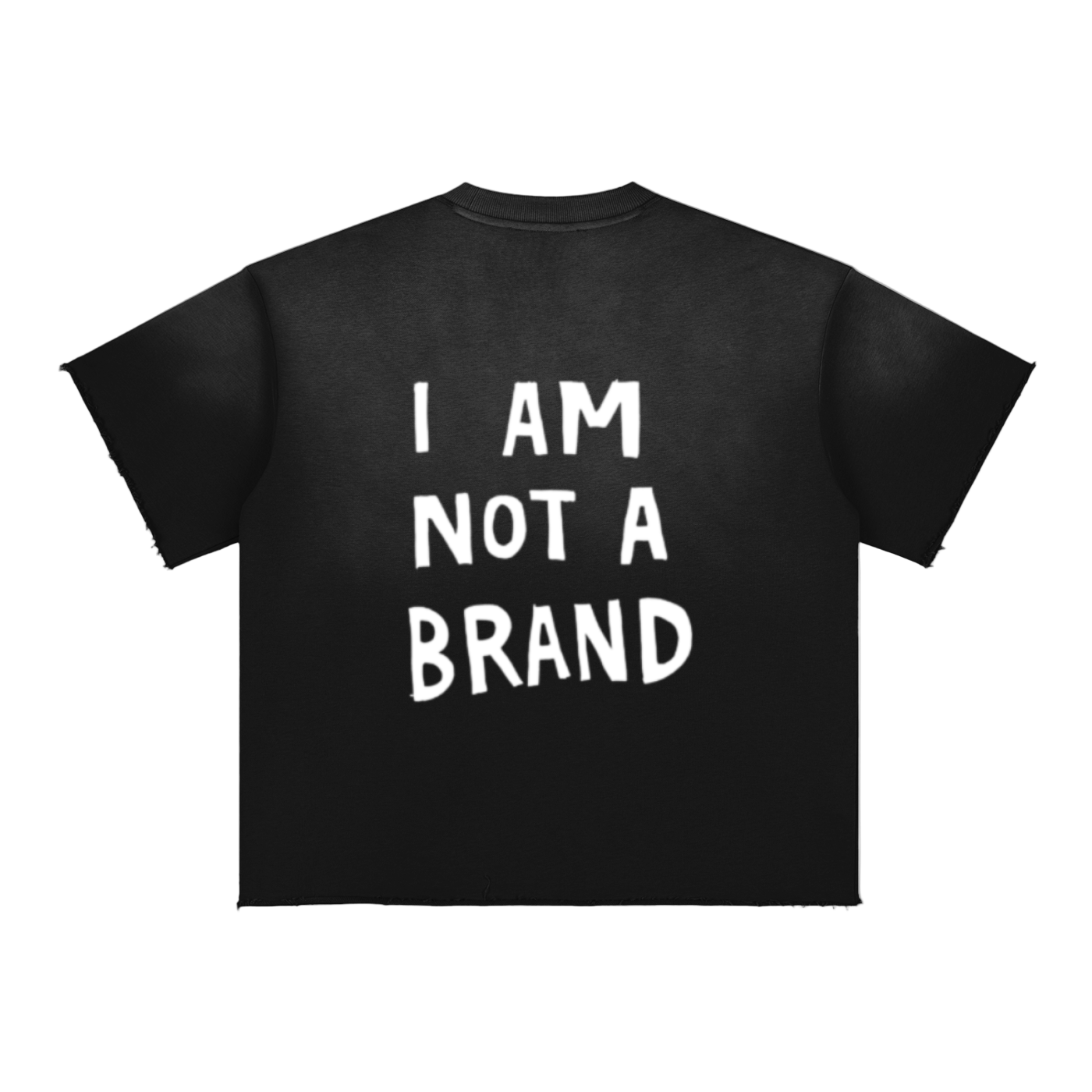 Black t-shirt with 'I AM NOT A BRAND' text on a white background