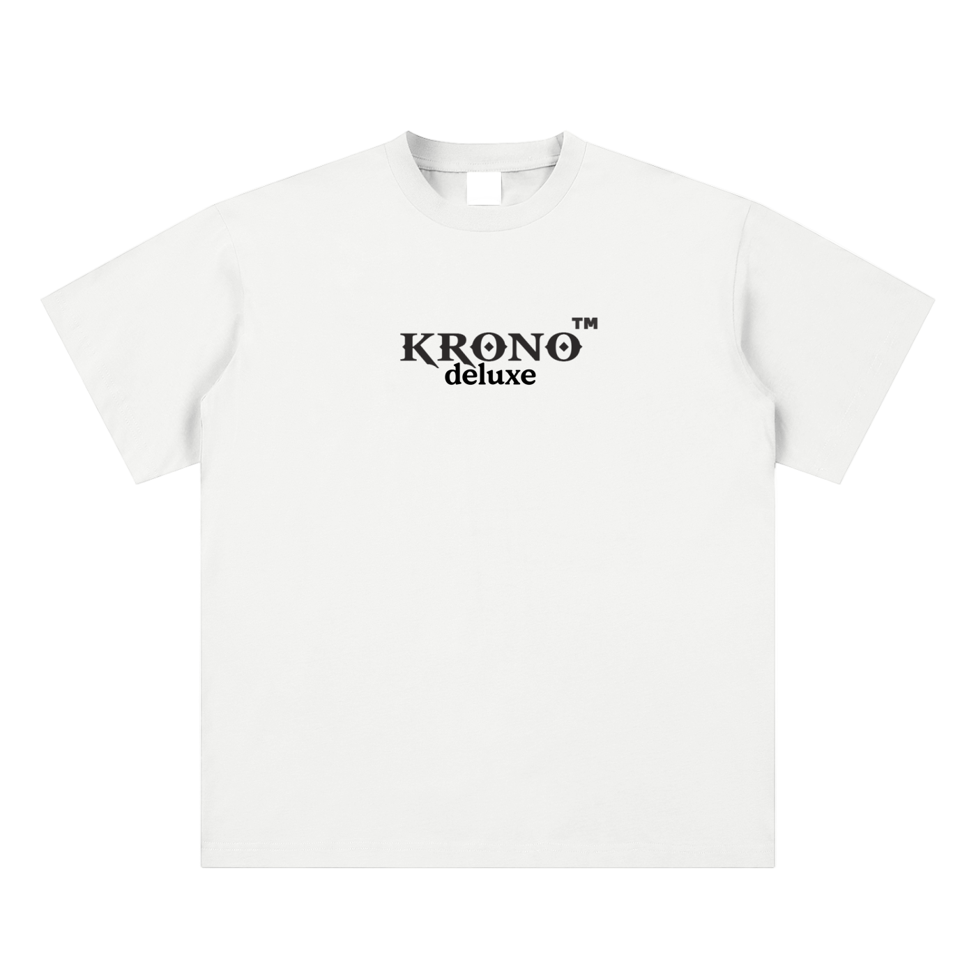 White t-shirt with 'Krono deluxe' logo on a white background