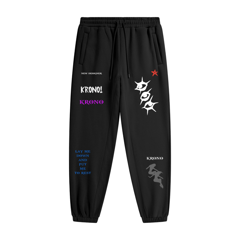 Black pants with multiple brand logos and text on a white background