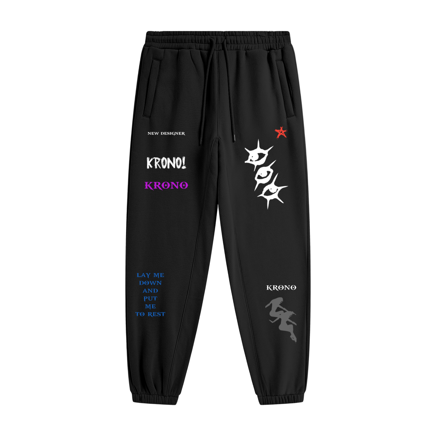 Black pants with multiple brand logos and text on a white background