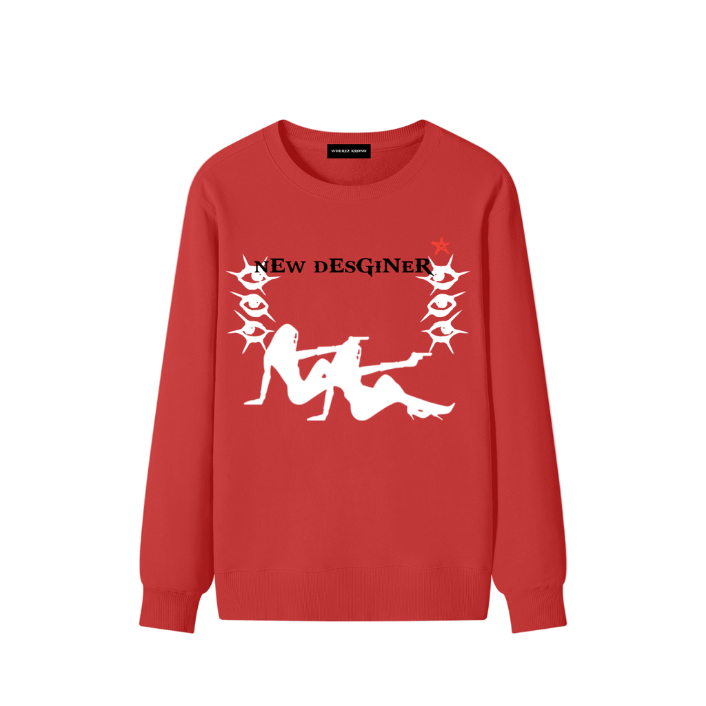 Red sweatshirt with white graphic design on a white background