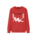 Red sweatshirt with white graphic design on a white background