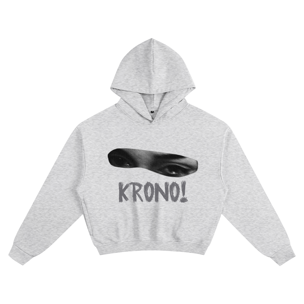 Gray hoodie with a graphic design and 'KRONO!' text on a white background