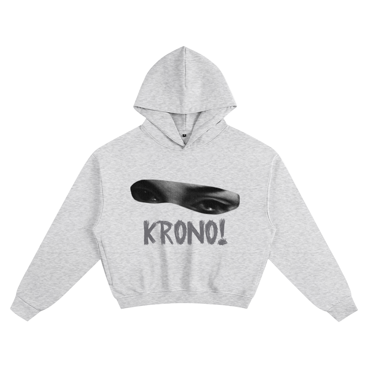 Gray hoodie with a graphic design and 'KRONO!' text on a white background