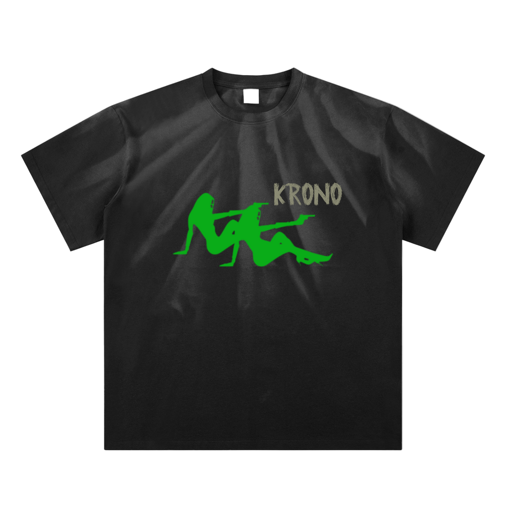 Black t-shirt with green graphic design and 'KRONO' text on a white background
