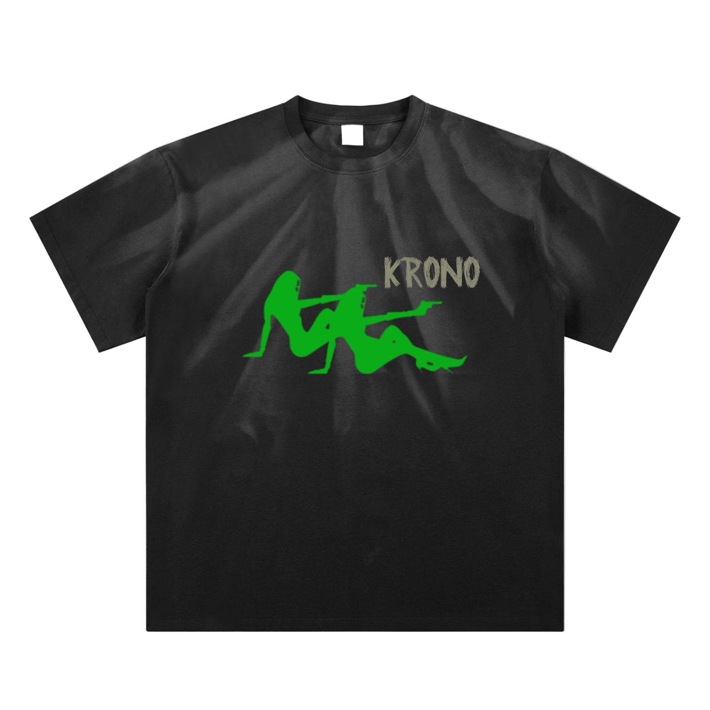Black t-shirt with green graphic design and 'KRONO' text on a white background