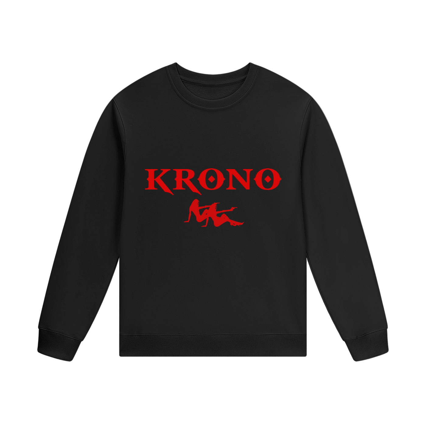 Black sweatshirt with red 'KRONO' logo on a white background
