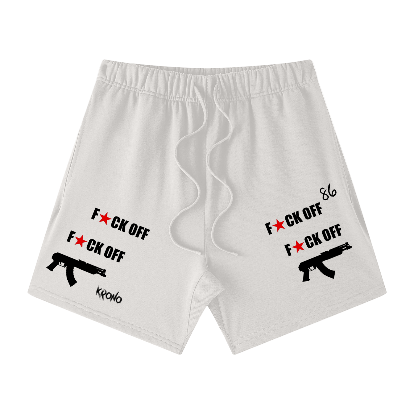 White shorts with graphic designs and text on a white background
