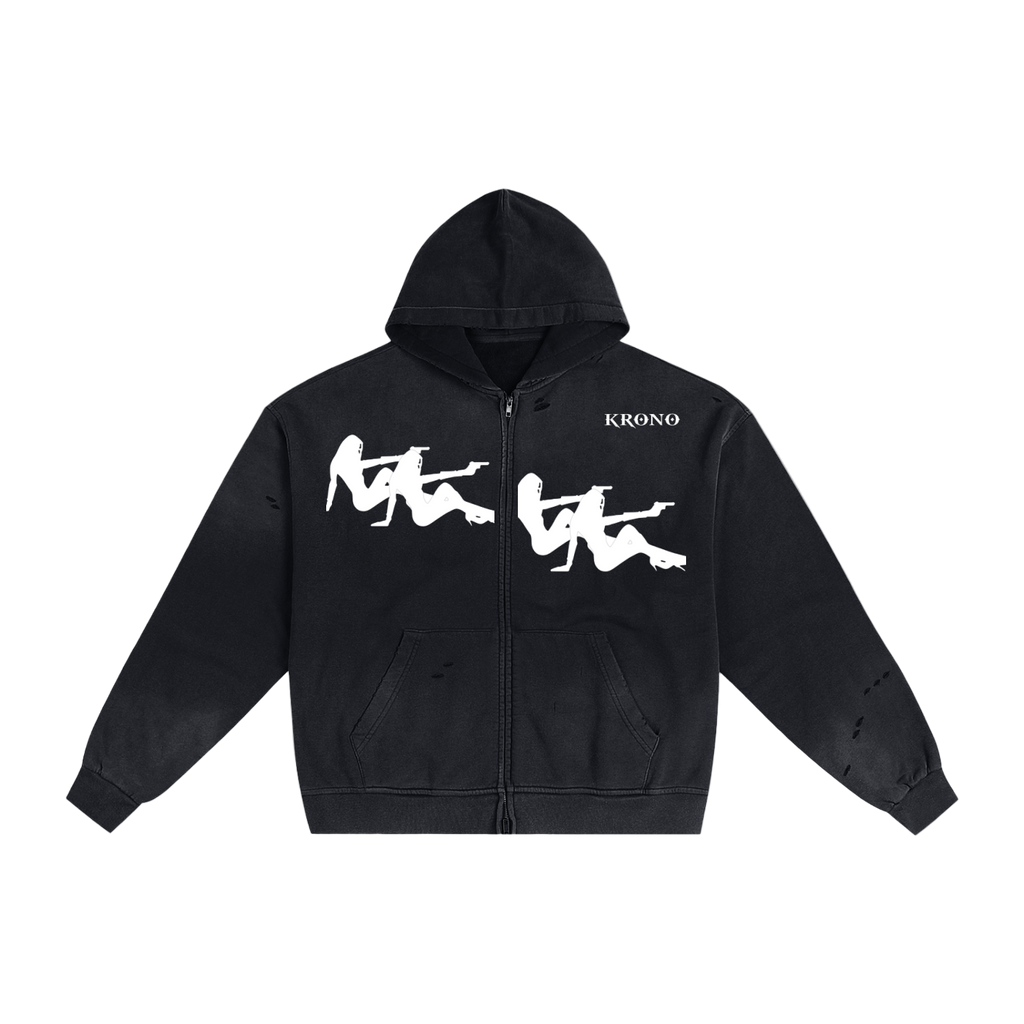 Black hoodie with white graphics and text on a white background