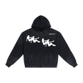Black hoodie with white graphics and text on a white background