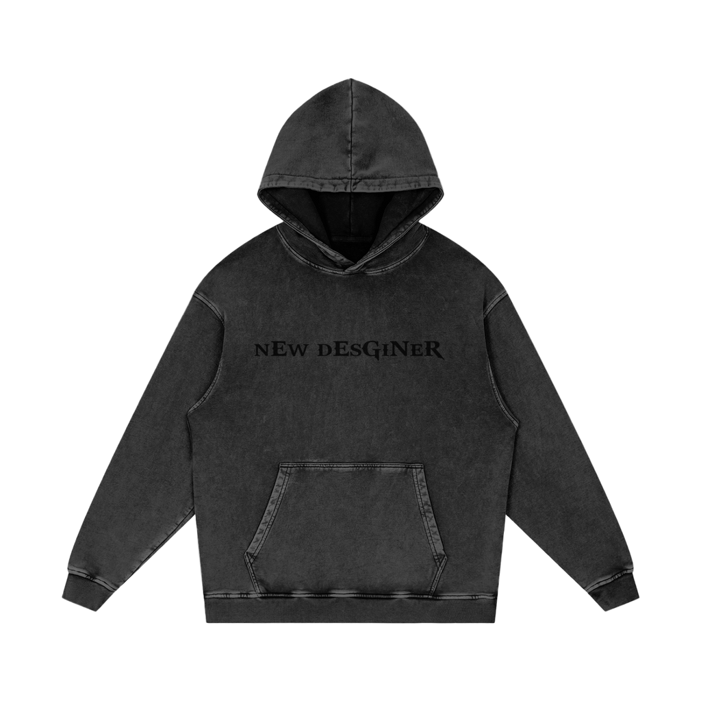 Black hoodie with 'NEW DESGNER' text on a white background