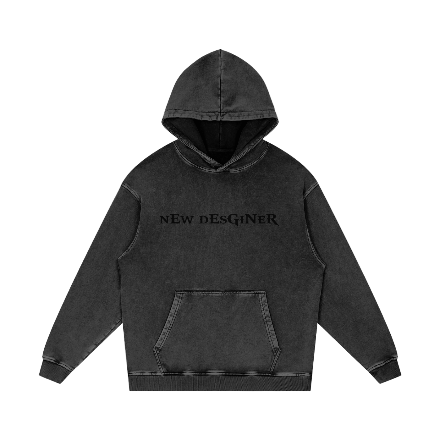 Black hoodie with 'NEW DESGNER' text on a white background