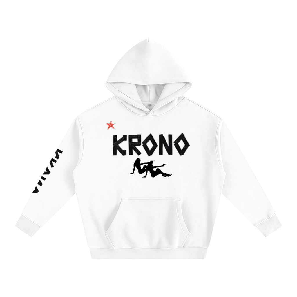 White hoodie with black and red text on a white background