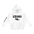 White hoodie with black and red text on a white background
